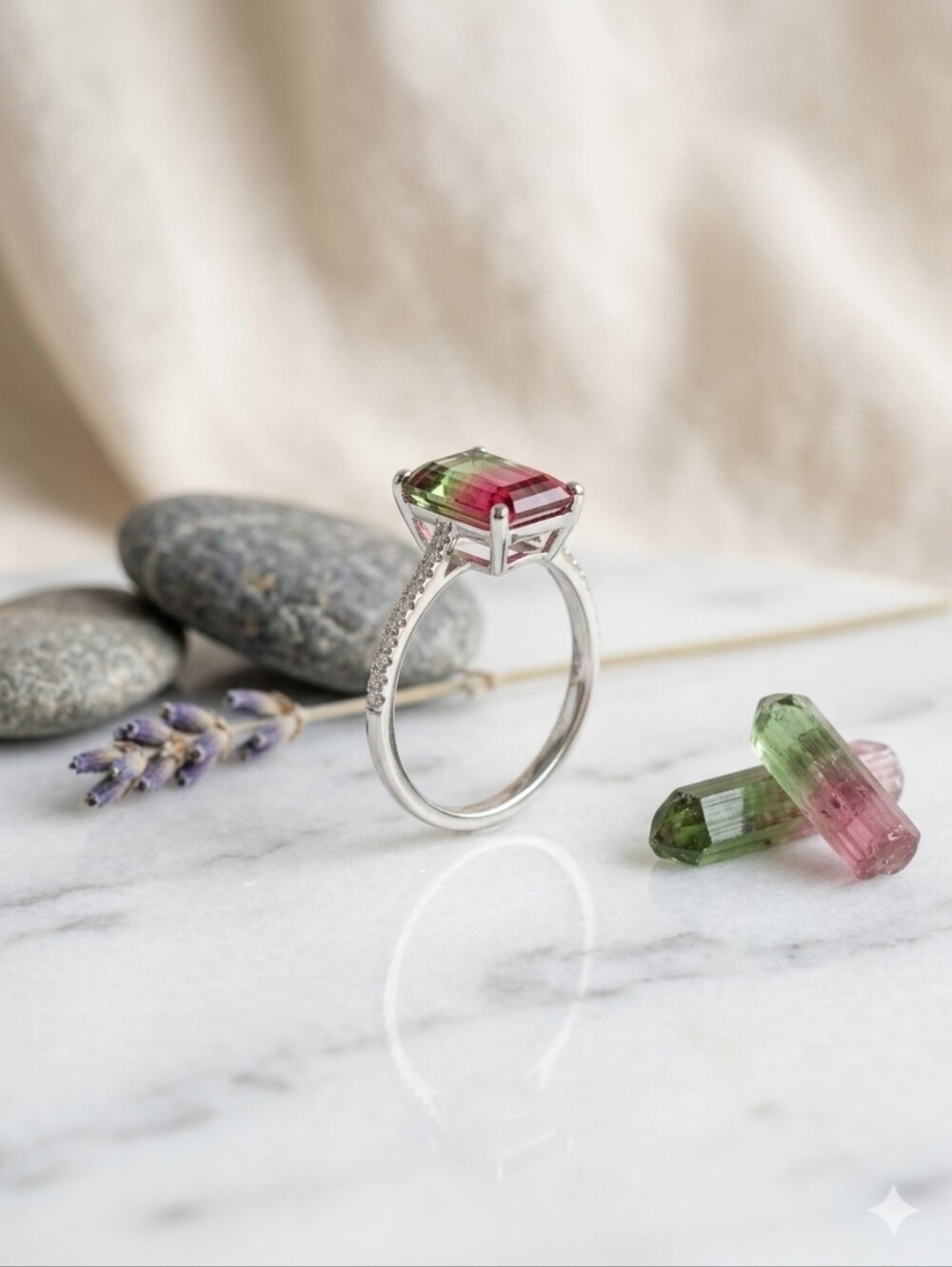 Watermelon Tourmaline NWT Sterling Silver Ring - Pink & Green, Size 7